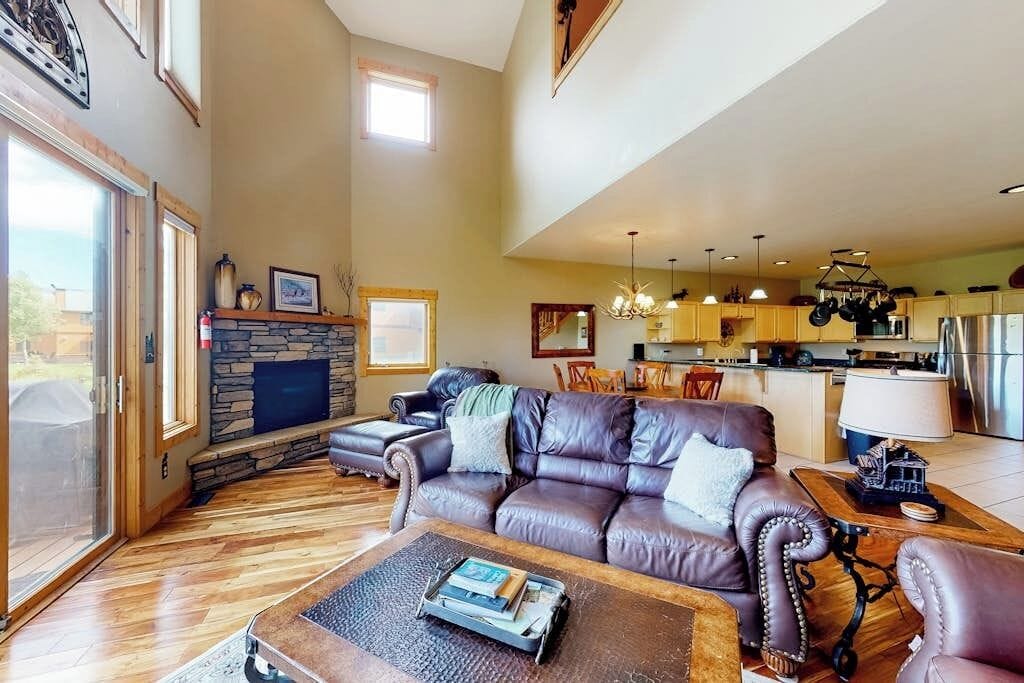 TV, fireplace, books