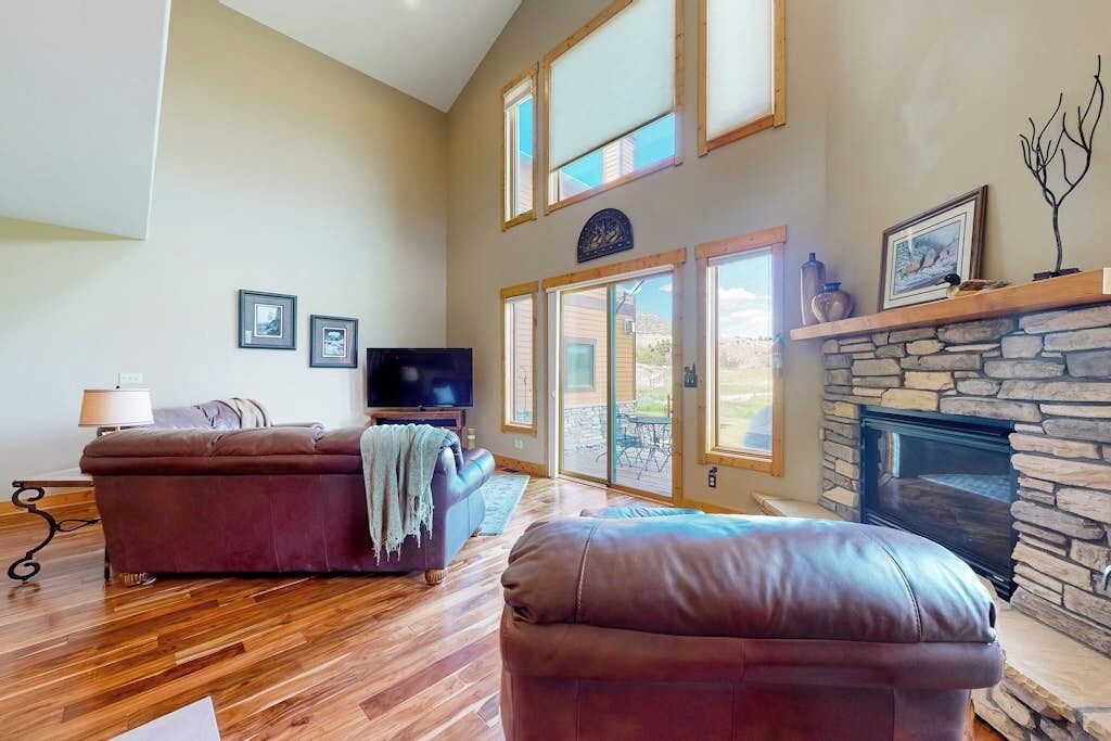 TV, fireplace, books