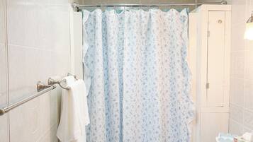 Hair dryer, towels, soap, toilet paper