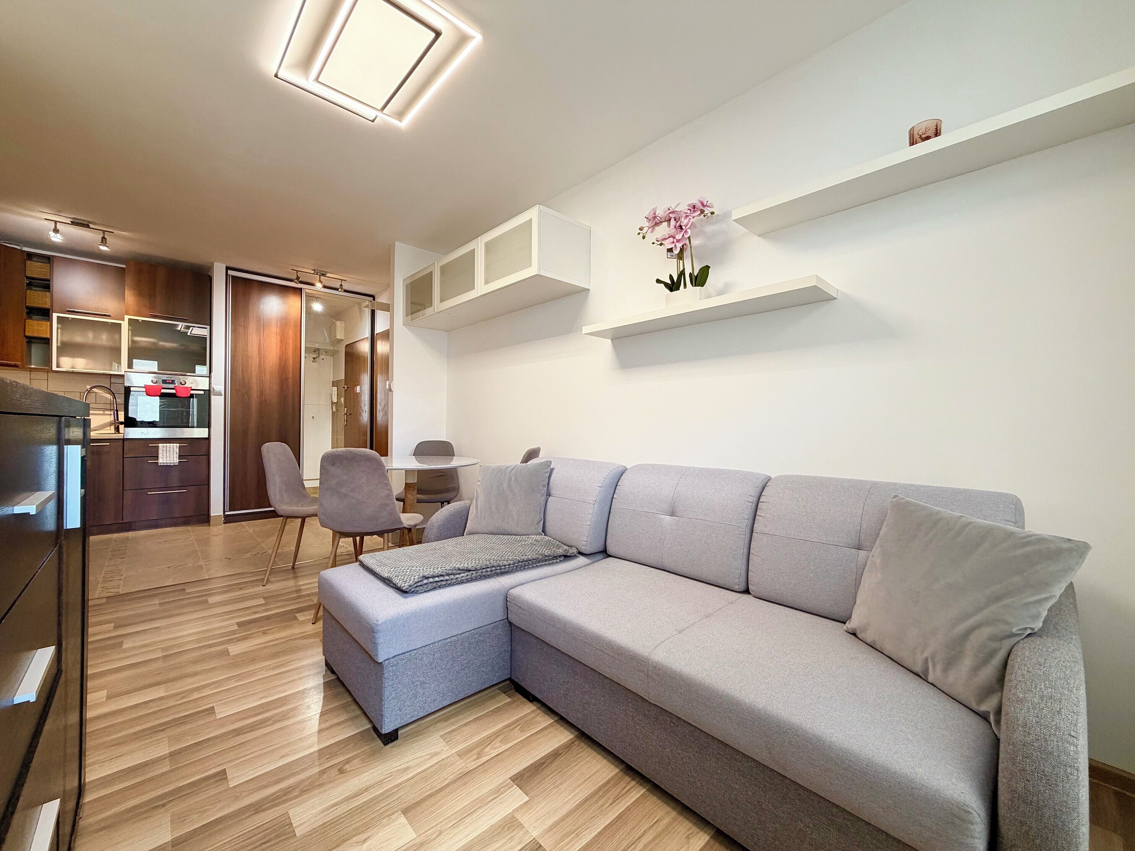 A modern living room with a grey sectional sofa, a small round table, and chairs. There is a kitchen area with wooden cabinets and a built-in oven. A potted orchid is on a shelf above the sofa.