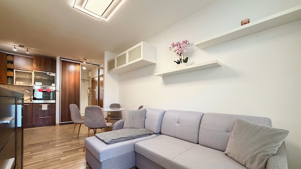 A modern living room with a grey sectional sofa, a small round table, and chairs. There is a kitchen area with wooden cabinets and a built-in oven. A potted orchid is on a shelf above the sofa. - Rutkiewicz City Comfort Apartment (Wrocław)
