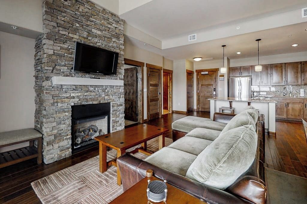 TV, fireplace, books