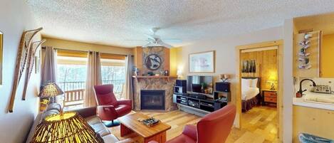 TV, fireplace, DVD player, books