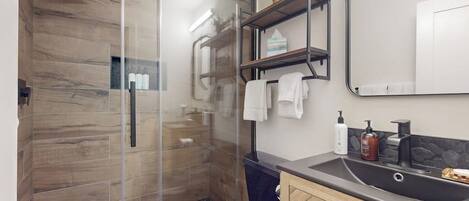 Shower, hair dryer, towels