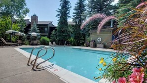 Ein Swimmingpool mit Metallleiter, umgeben von Bäumen und Sonnenschirmen.