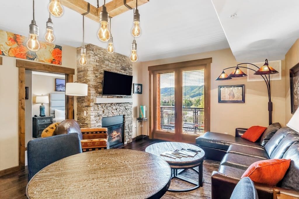 TV, fireplace, books