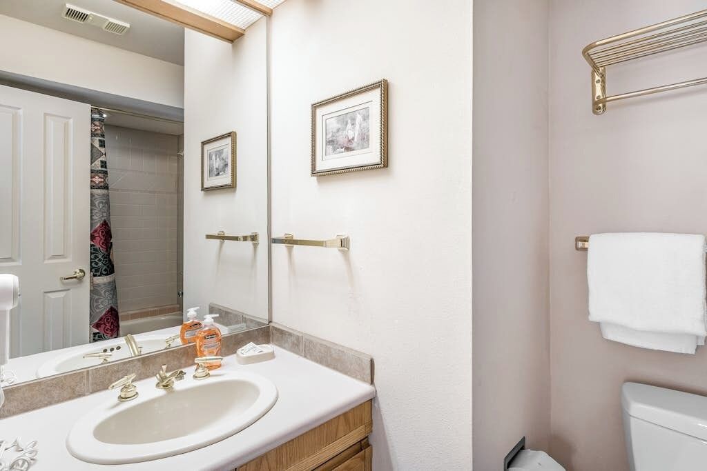 A bathroom with a sink, mirror, towel rack, and a framed picture on the wall.