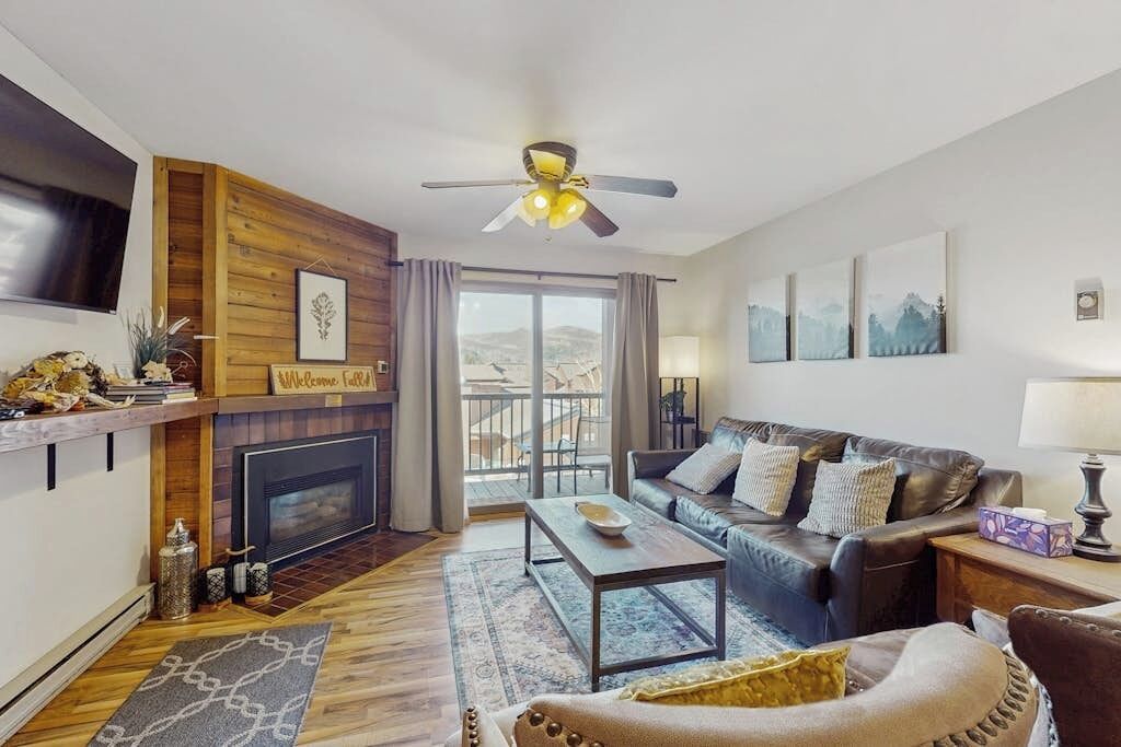 TV, fireplace, books, video library