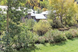 Ein Wohngebiet mit Häusern, umgeben von dichter Vegetation und einem kleinen Bach.