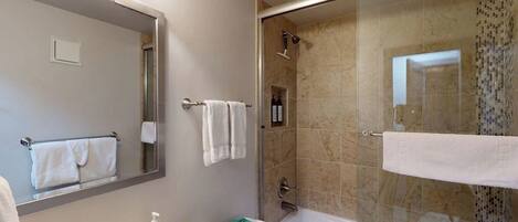 Shower, hair dryer, towels