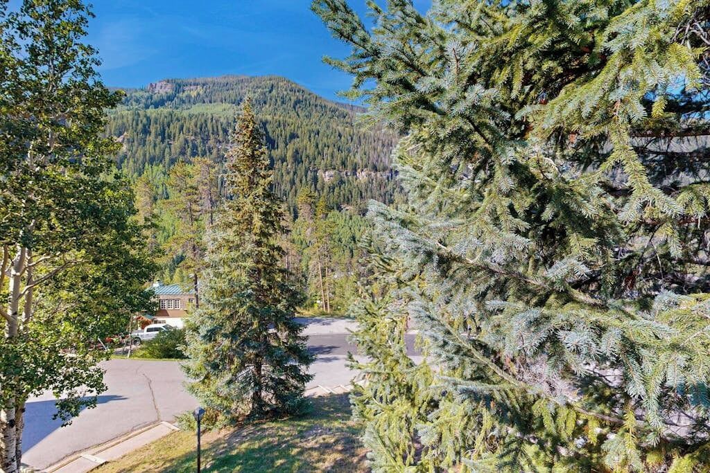 A residential area with a road, a house, and a mountain in the background.