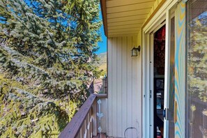 A wooden deck with a railing, a door leading to a room, and a large evergreen tree in the background.