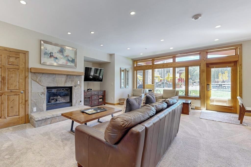 TV, fireplace, books