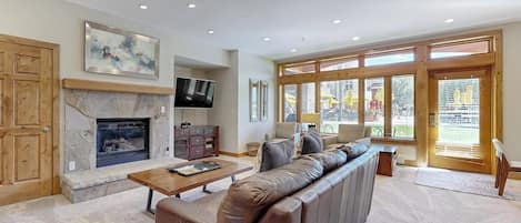 TV, fireplace, books