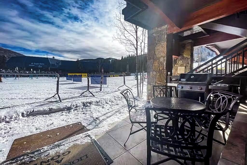 Een overdekt terras met tafels en stoelen, een barbecue en uitzicht op een besneeerd landschap.