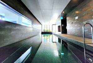 Ein moderner Poolbereich im Innenbereich mit freiem Blick auf den Pool, einer Metallhandstange und einem gefliesten Boden.
