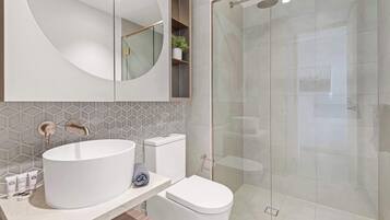 Shower, hair dryer, towels, shampoo