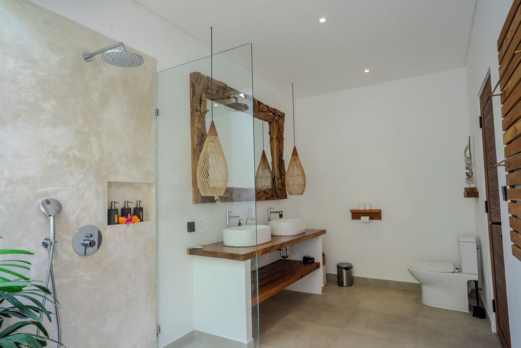 Une salle de bain moderne avec une douche à parois de verre, un meuble-lavabo en bois, des toilettes blanches et un grand miroir.