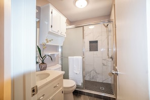 A modern bathroom with a shower, toilet, and vanity.