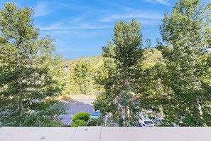 Ein Parkplatz, umgeben von Bäumen, mit einem Berg im Hintergrund.