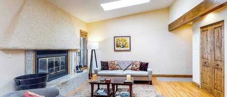 TV, fireplace, DVD player, books