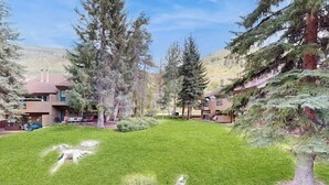 A residential area with houses, a well-maintained lawn, and surrounding trees. - Adorable Condo in w/Shared Pool, Hot Tub, WiFi, Washer/Dryer, & Free Shuttle (Vail)