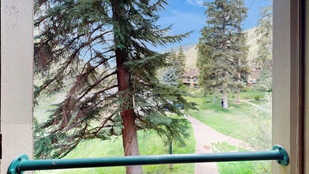 A window view of a pathway surrounded by trees, leading to a building in the distance. - Adorable Condo in w/Shared Pool, Hot Tub, WiFi, Washer/Dryer, & Free Shuttle (Vail)