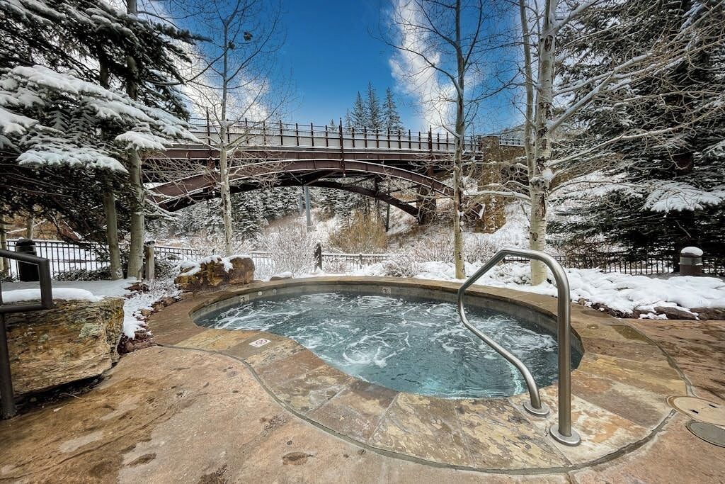 Un bain à remous entouré d’arbres couverts de neige et une terrasse en pierre.