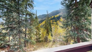 A view from a balcony with a wooden railing, overlooking a forested area with evergreen and deciduous trees, and a mountain in the background. - Quiet, multi-level townhome with great location & mountain views (Vail)