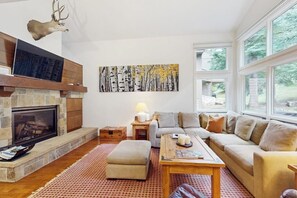 A living room with a fireplace, a sofa, a coffee table, and a painting on the wall. - Comfortable home with fully stocked kitchen & W/D - great location (Vail)