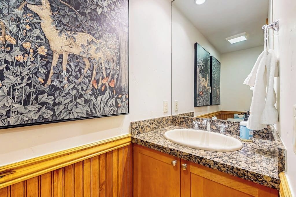 A bathroom with a granite countertop, a white sink, wooden cabinets, a large mirror, and a wall-mounted painting of deer and foliage.