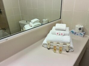 Habitación estándar doble | Baño | Ducha, secador de pelo, toallas y jabón