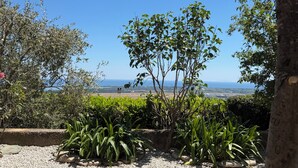 Ein Garten mit Meerblick, eine kleine Holzkonstruktion und verschiedene Pflanzen.