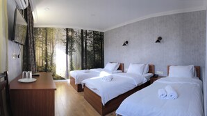 Quarto de hotel com duas camas, uma escrivaninha com espelho e vista para árvores pela janela.