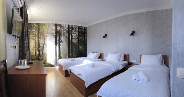 Habitación de hotel con dos camas, un escritorio con espejo y vista a árboles desde la ventana.