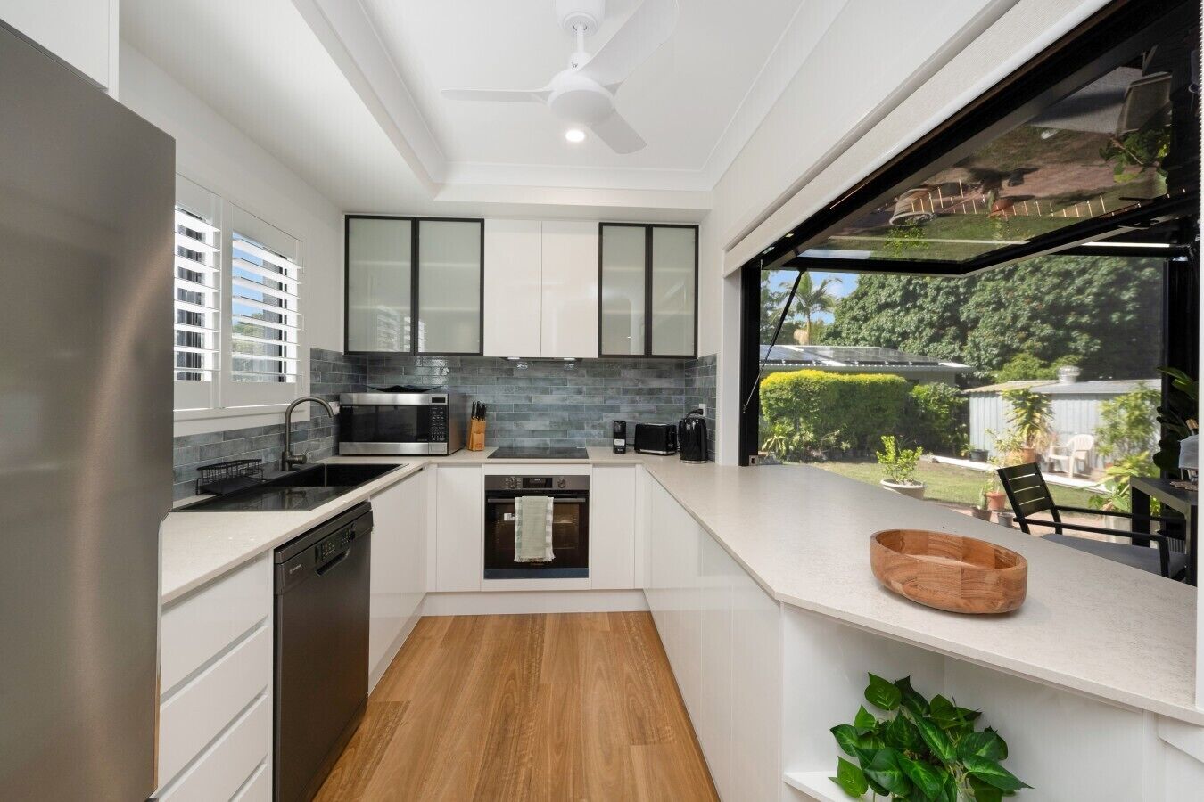 Fridge, microwave, toaster, cookware/dishes/utensils