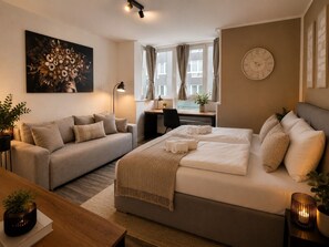 1 bedroom, desk, iron/ironing board, travel cot