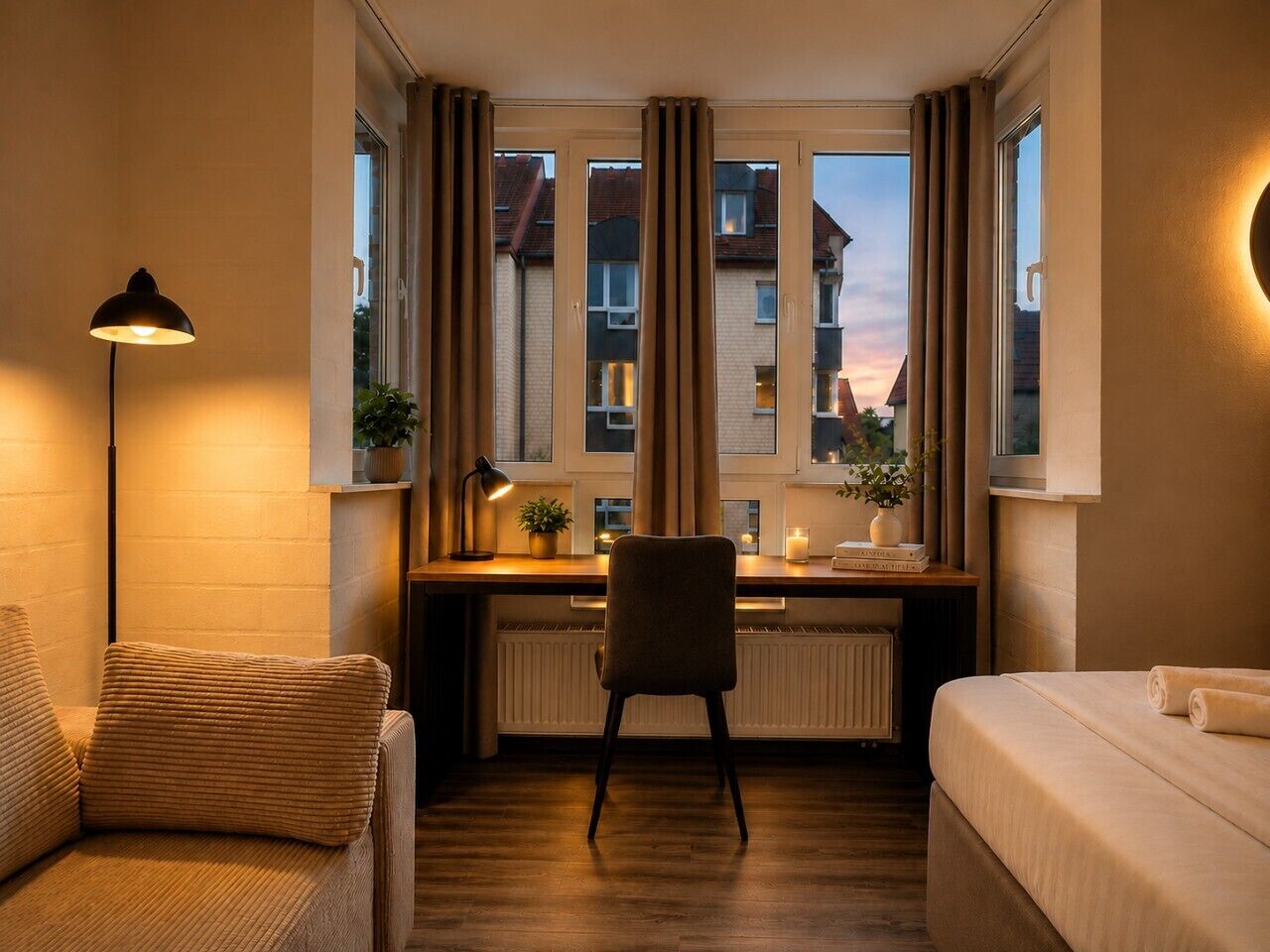 1 chambre, bureau, fer et planche à repasser, lit parapluie