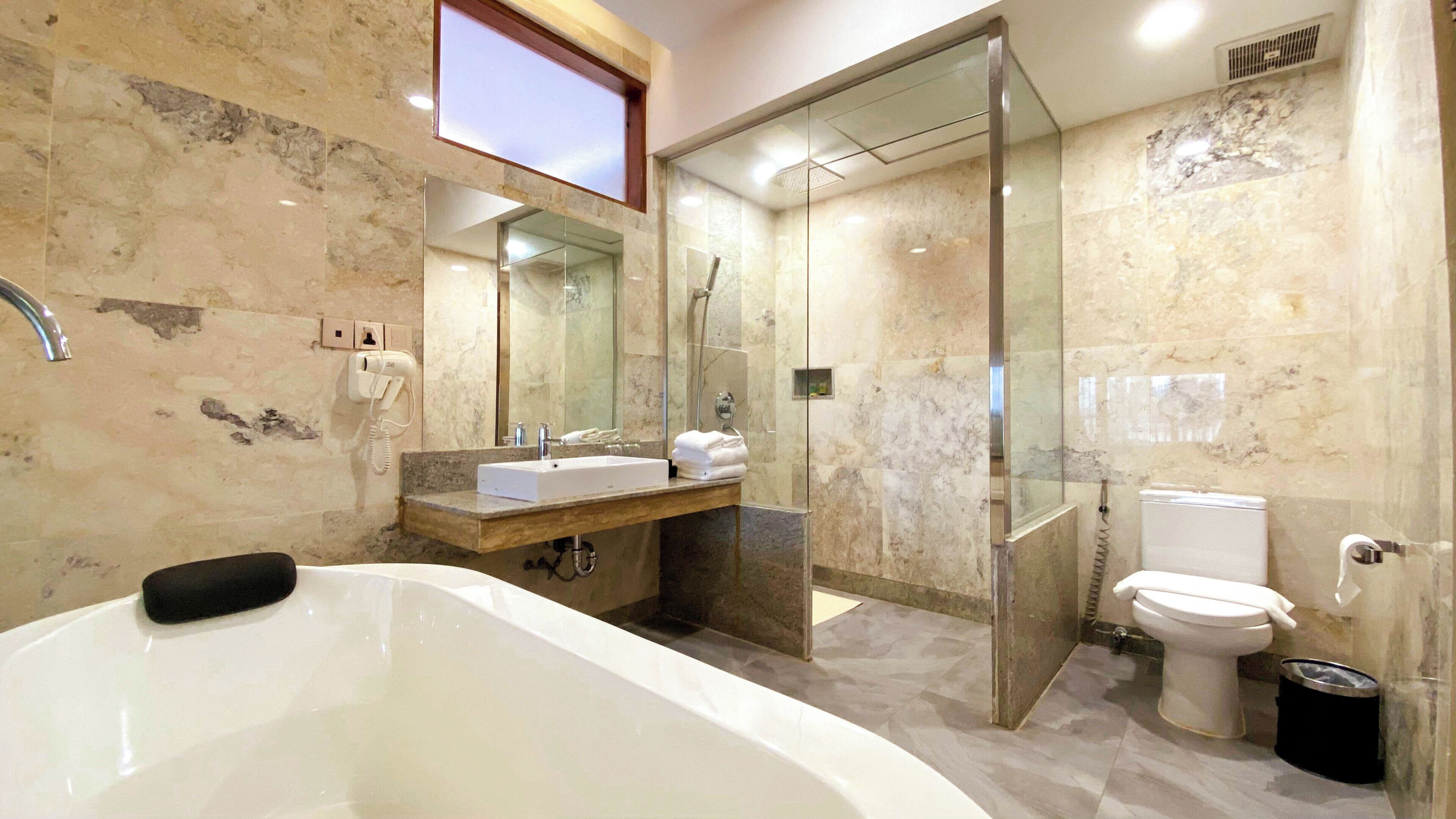 A modern bathroom with a large bathtub, a glass-enclosed shower, and a toilet.