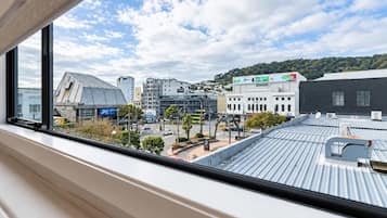 A view from a window overlooking a cityscape with buildings, a street, and a hill in the distance.