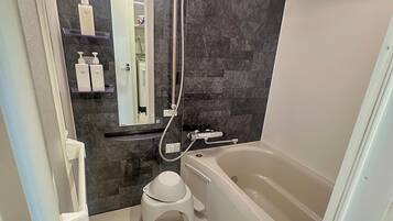 Hair dryer, towels, soap, toilet paper