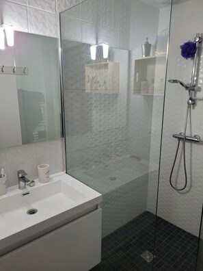 Een douche, een haardroger, handdoeken, toiletpapier