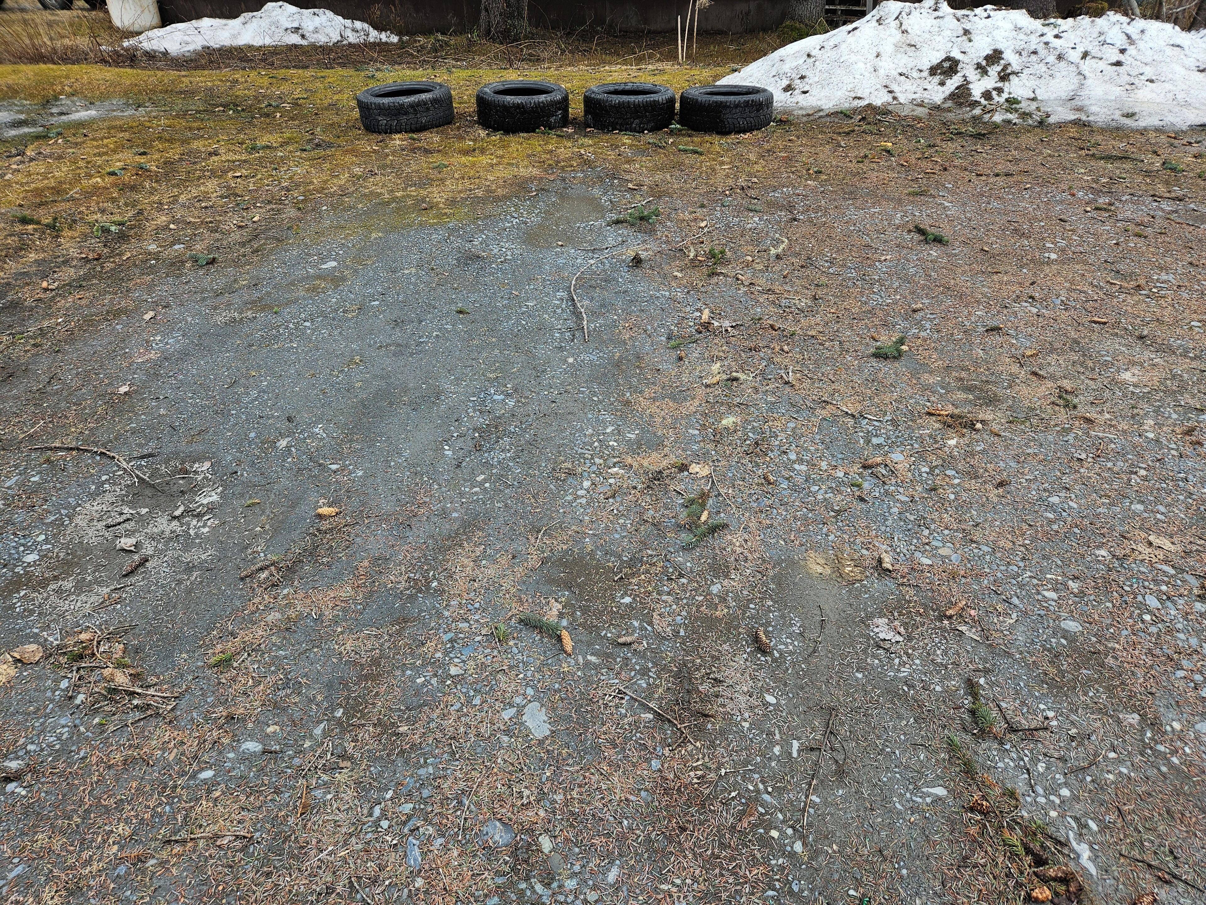 A gravel path with four tires lined up, a pile of snow, and a tree in the background.