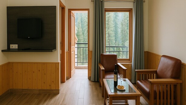 A living room with a TV, wooden furniture, a glass table with a bottle and glass, and a view of trees through large windows. - Chaman Vatika (Kasol)