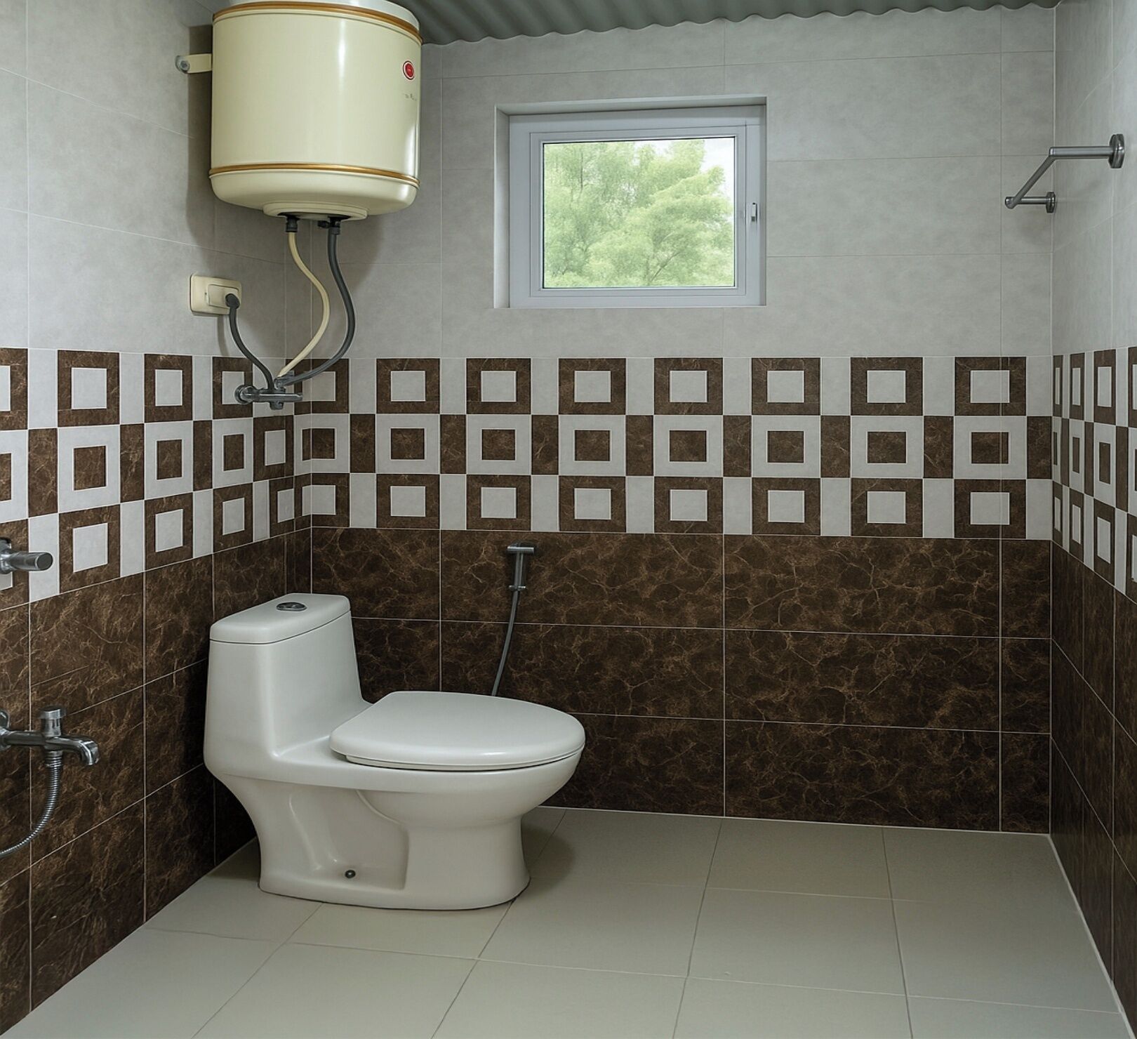 A bathroom with a toilet, a shower, and a window.