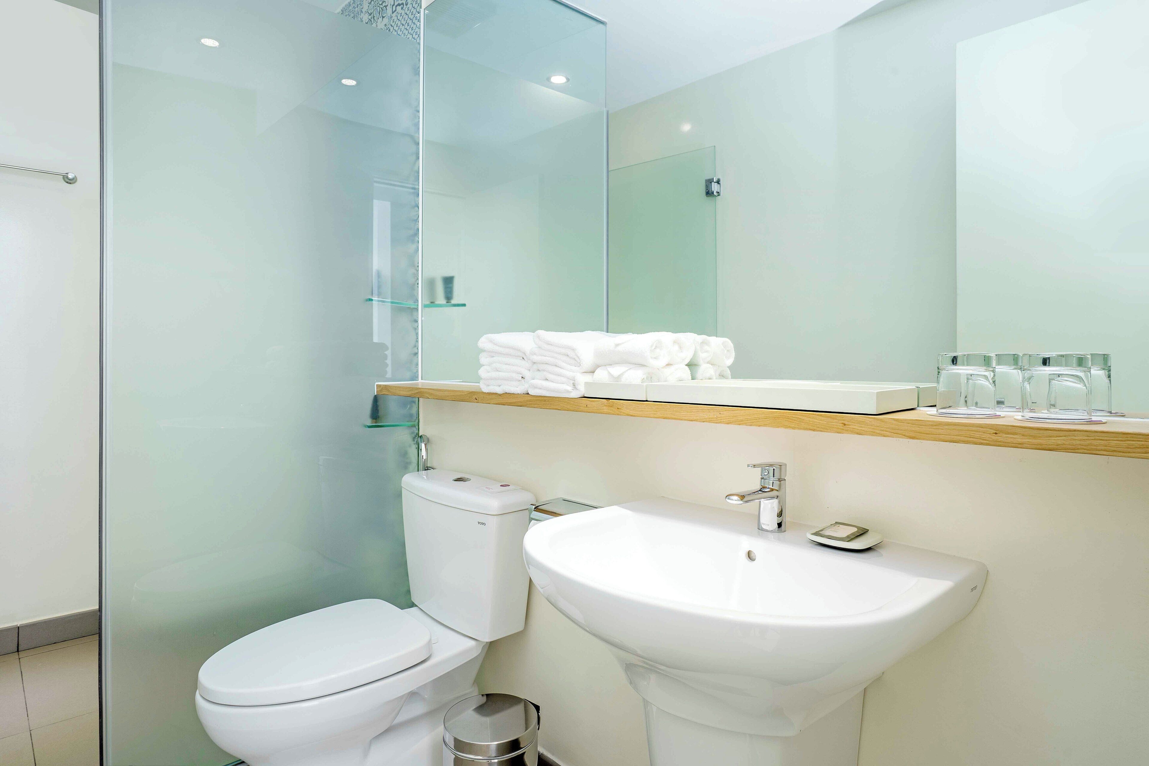 A modern bathroom with a glass shower enclosure, a toilet, a sink, and a mirror.