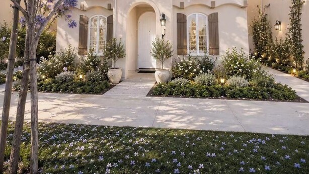 A two-story house with a white facade, a central entrance with a door, and a balcony on the second floor. - Irvine Great Park Beacon 3 B &4 B two story house (Irvine)