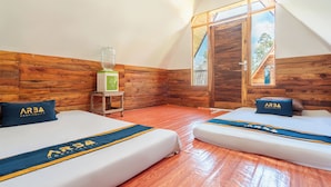 A room with two beds, wooden walls, a water dispenser, and a window with a view. - TB Villa Resort By ARBA (Pangalengan)