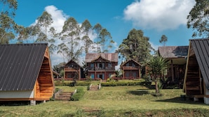 A resort with multiple wooden cabins, a central building with a balcony, and a grassy area with steps leading to the cabins. - TB Villa Resort By ARBA (Pangalengan)