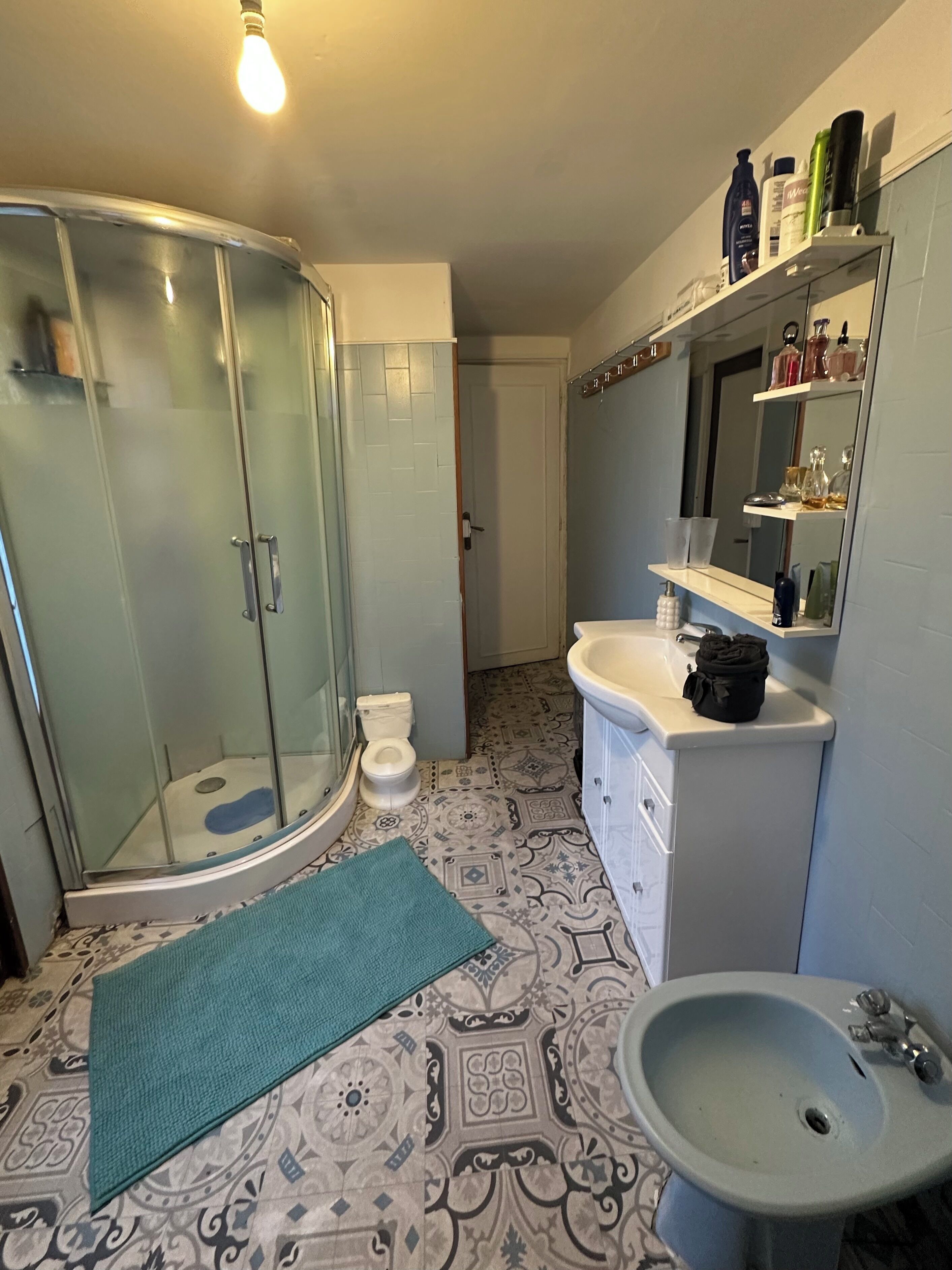 Een badkamer met een douchecabine van glas, een toilet, een wastafel en een spiegel met planken erboven.
